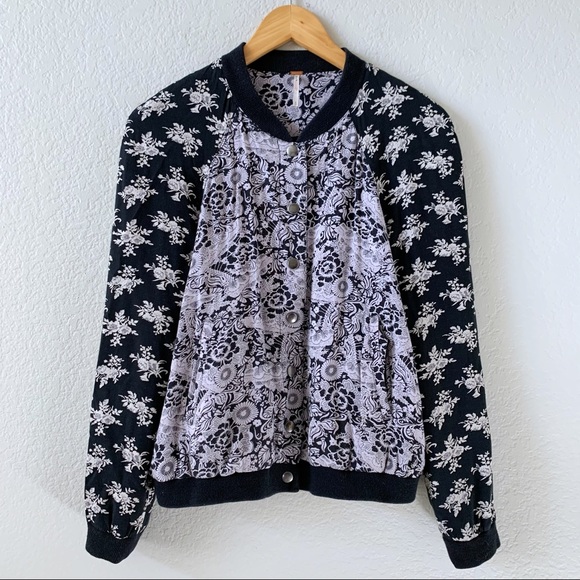 FREE PEOPLE Black Floral Snap Bomber Jacket S - Picture 5 of 13